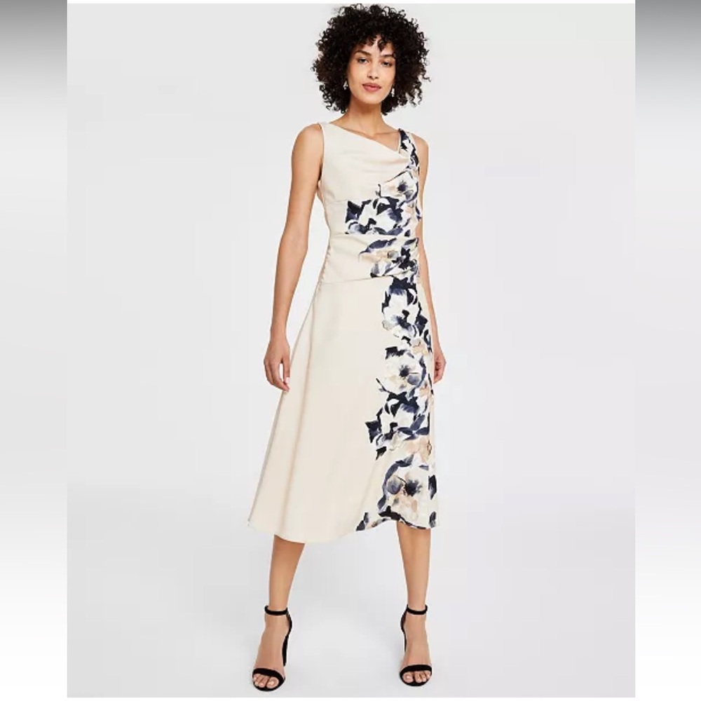 NWT DKNY Sz 8 Women’s Cocktail Floral Cowl-neck Fit & Flare Midi Dress Ret $134!